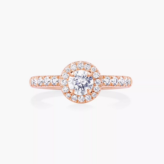 18ct rose gold round brilliant cut diamond halo ring