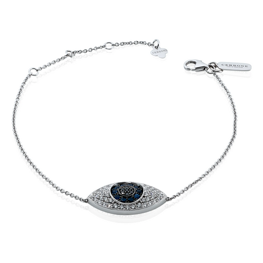 18ct white gold round brilliant cut diamonds,blue sapphires and black diamonds evil eye bracelet