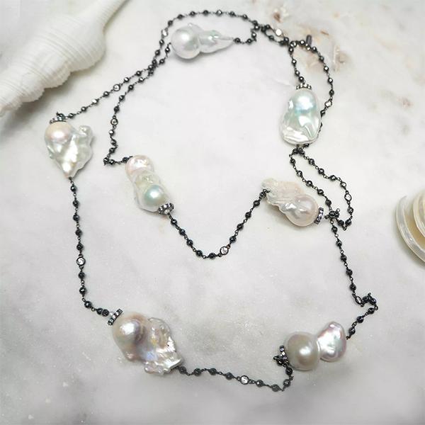 Baroque fresh water pearl hematite beads and black rhodium silver cubic zirconia necklace