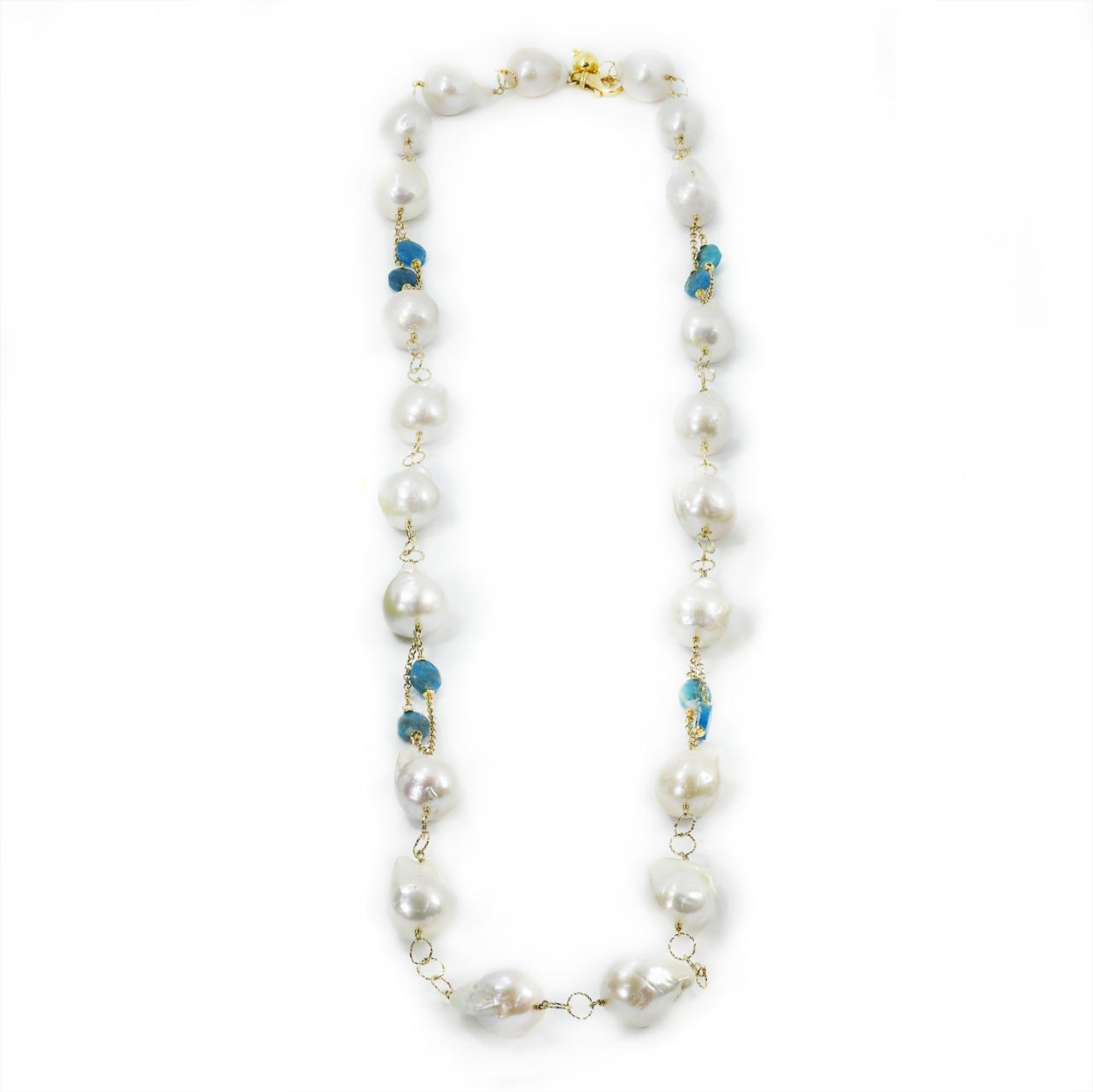 Baroque freshwater pearls and apatite beaded necklace