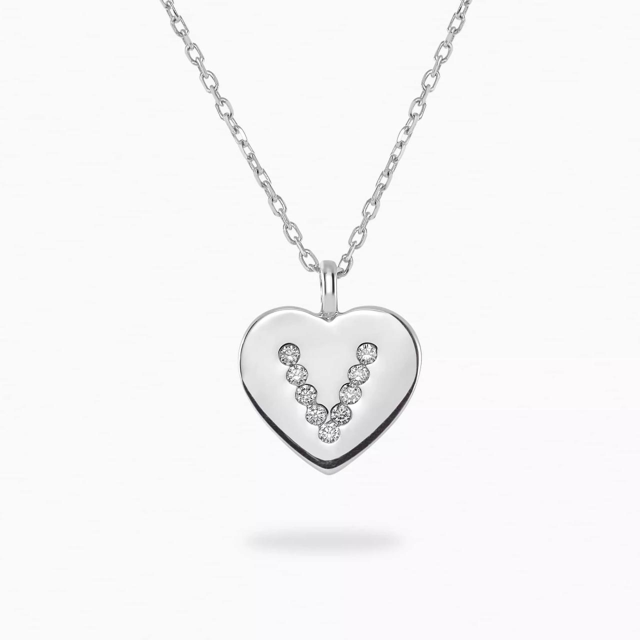 18ct White Gold Initial ‘V’ Diamond Heart Necklace