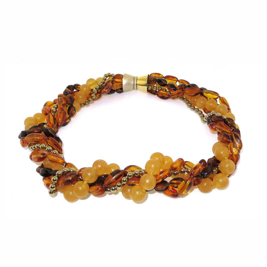 Amber, single row of gold plated hemitite and single row of orange calcite beaded necklace