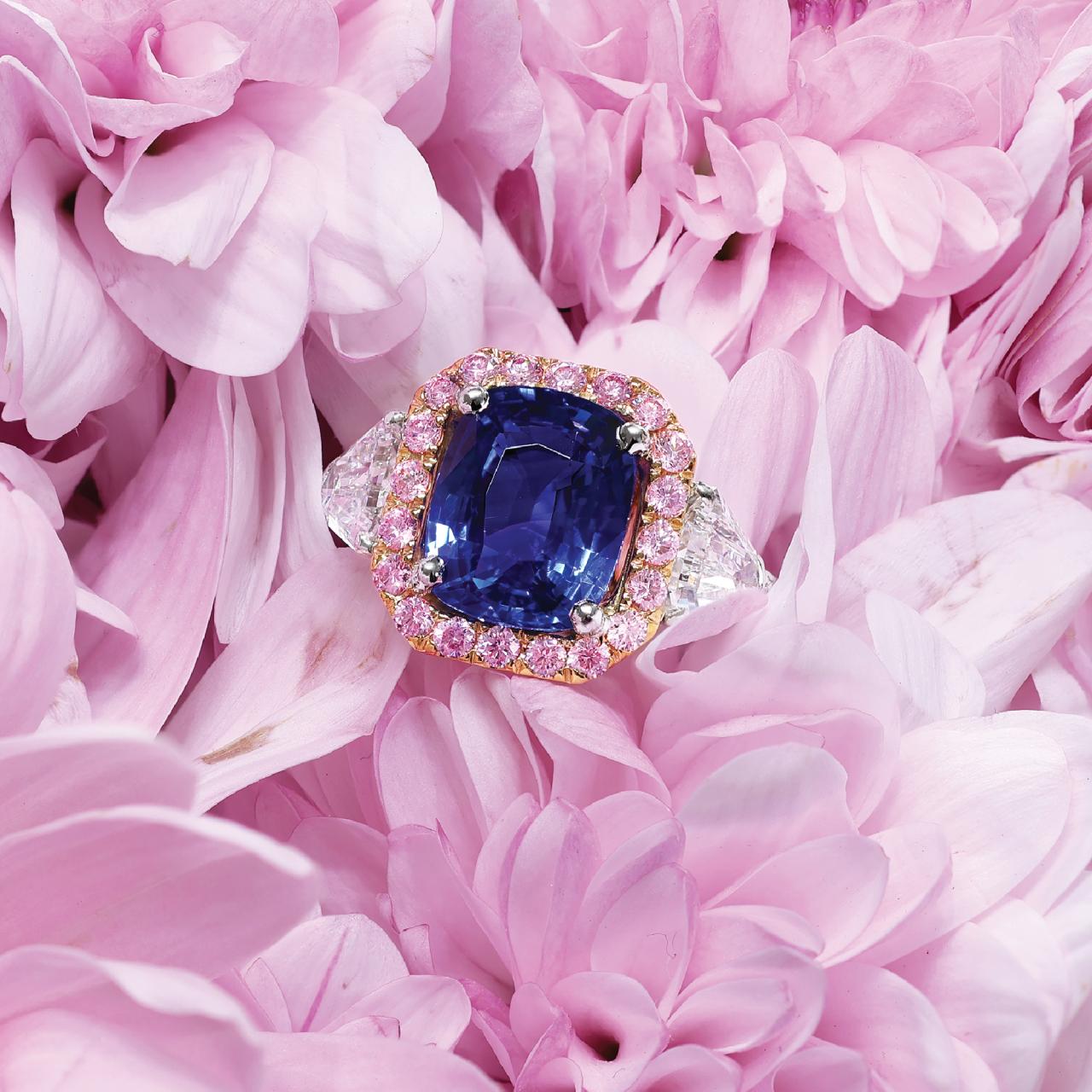 SONGO DI PRIMAVERA - Platinum and 18ct rose gold cushion cut blue sapphire and pink diamond ring