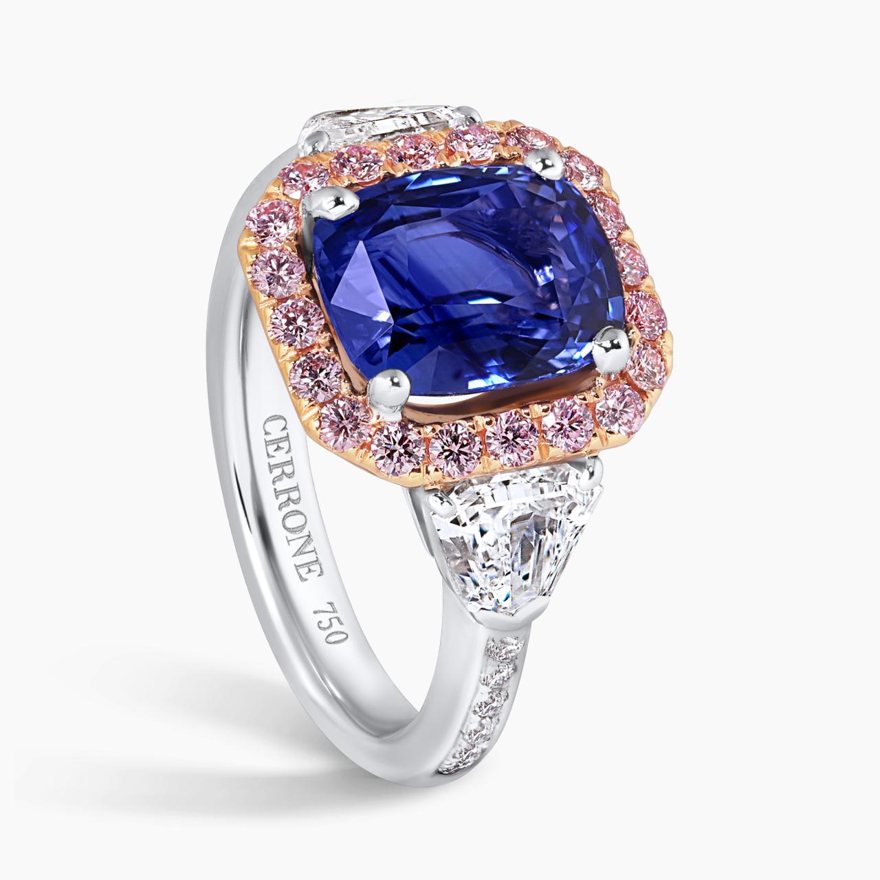 SONGO DI PRIMAVERA - Platinum and 18ct rose gold cushion cut blue sapphire and pink diamond ring