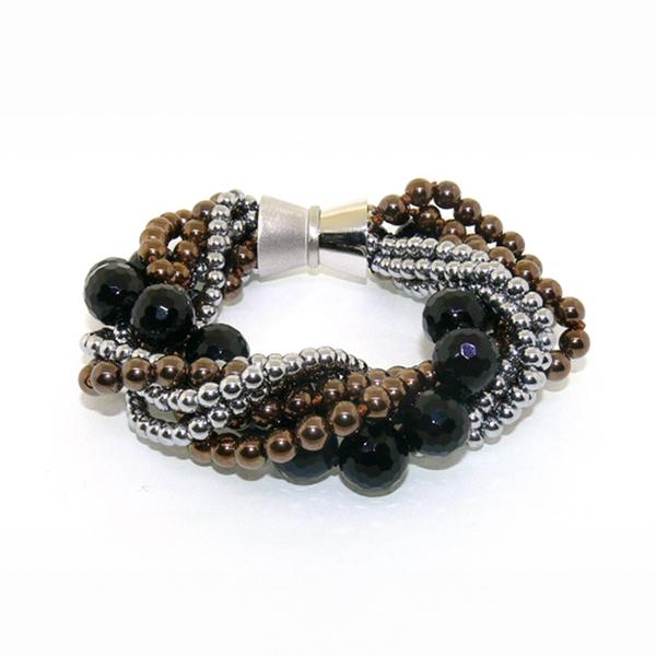 Silver plated hematite, copper plated hematite and onyx beaded bracelet