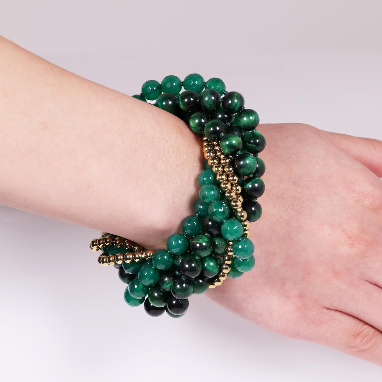 Green tiger eye, Hematite and Green Agate beaded bracelet on wrist