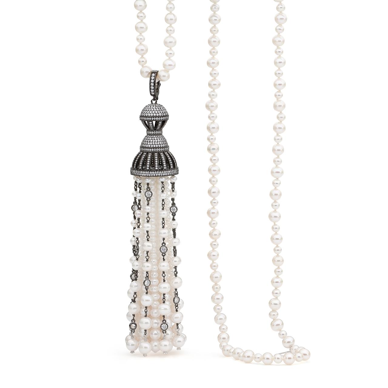 Freshwater Pearls and black rhodium tassel necklace