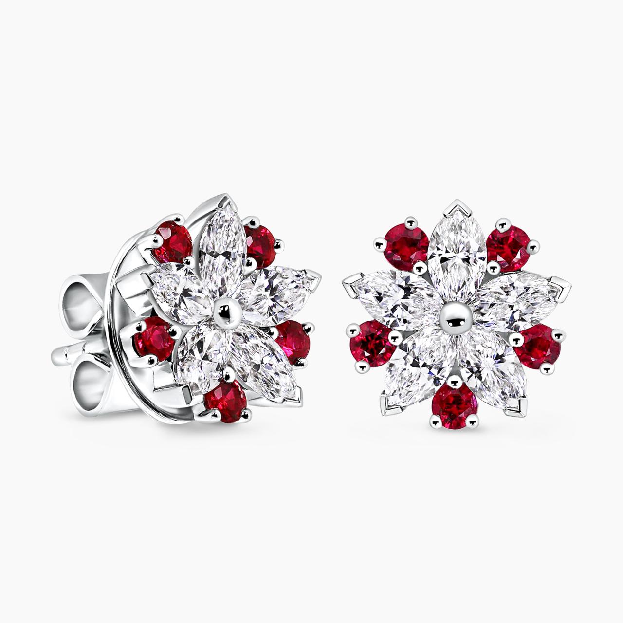 18ct white gold ruby & marquise shape diamond claw set stud earrings