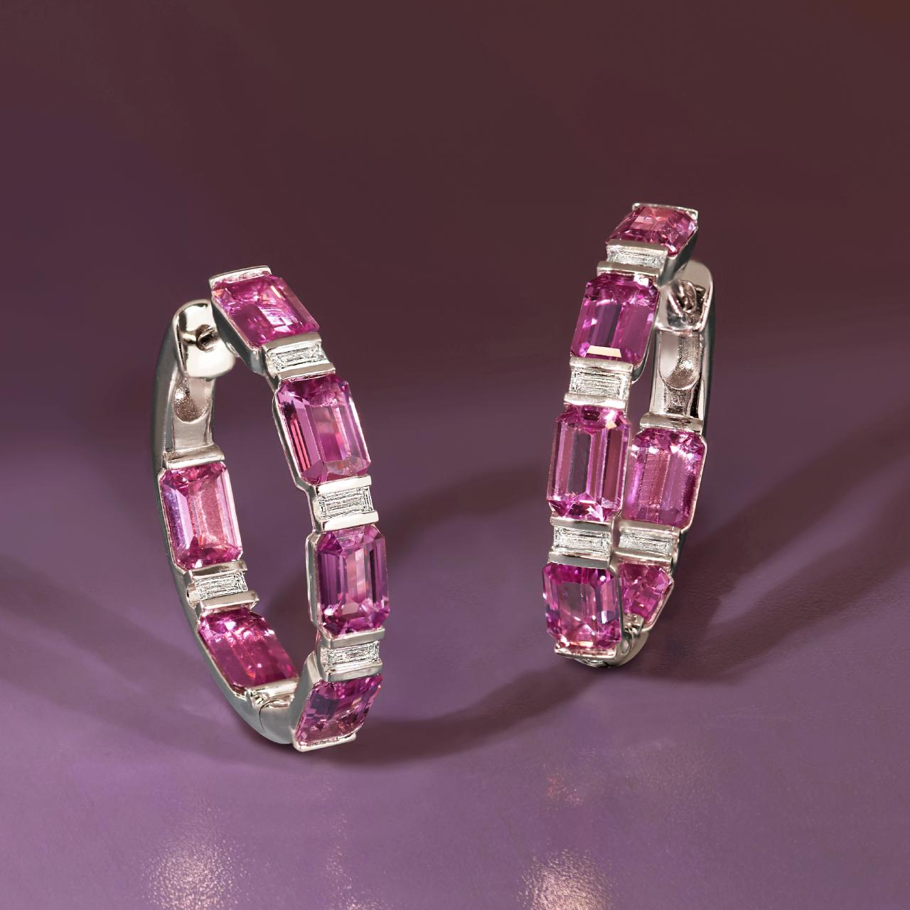 18ct white gold pink sapphire and baguette cut diamonds hoop earrings