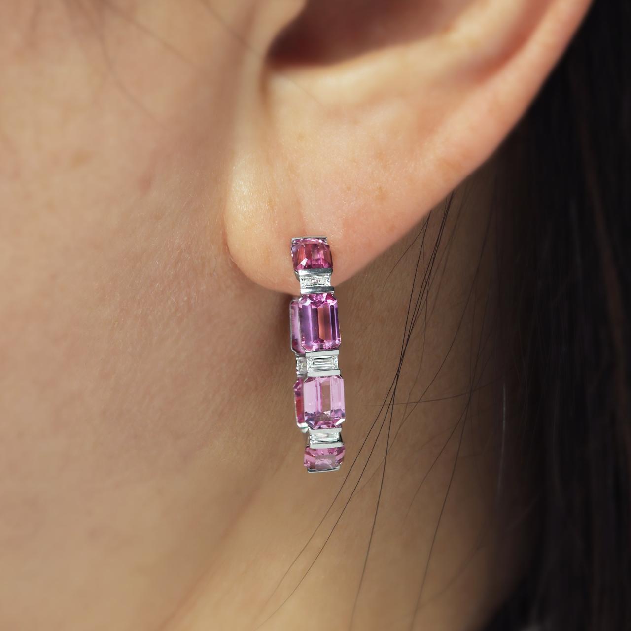 18ct white gold pink sapphire and baguette cut diamonds hoop earrings