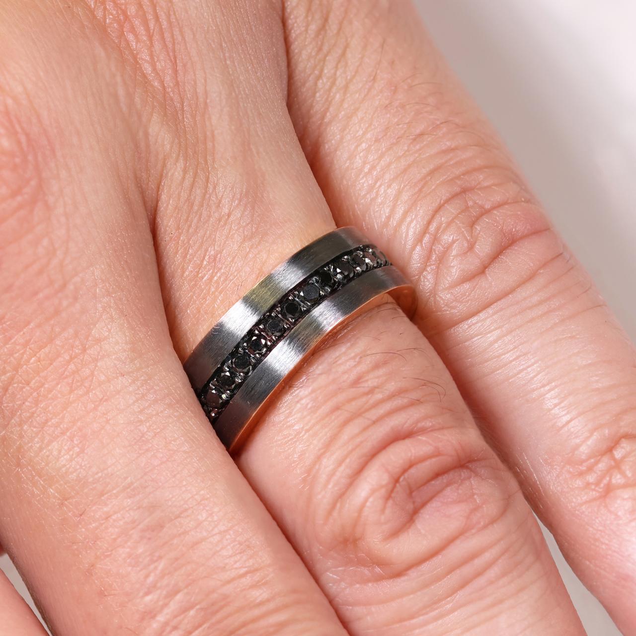 18ct rose gold black diamond rhodium plated mens ring
