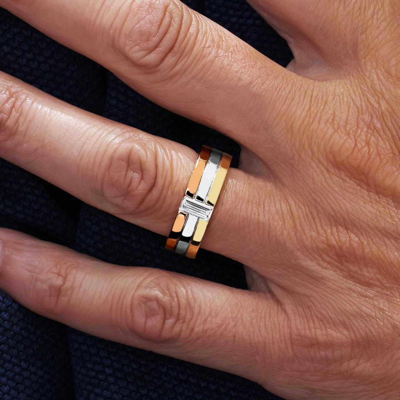18ct three tone baguette cut lab grown mens diamond ring on the finger