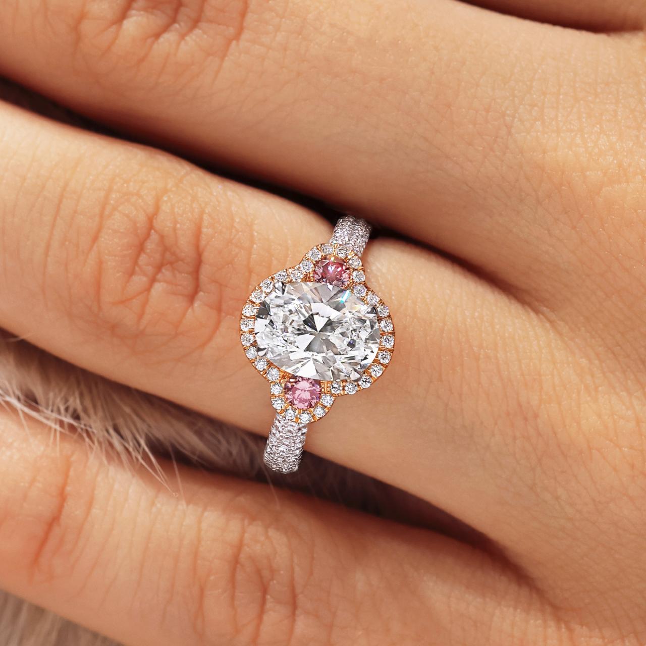 OTTAVIA - 18ct white and rose gold 1.97ct oval shaped diamond ring with pink diamonds