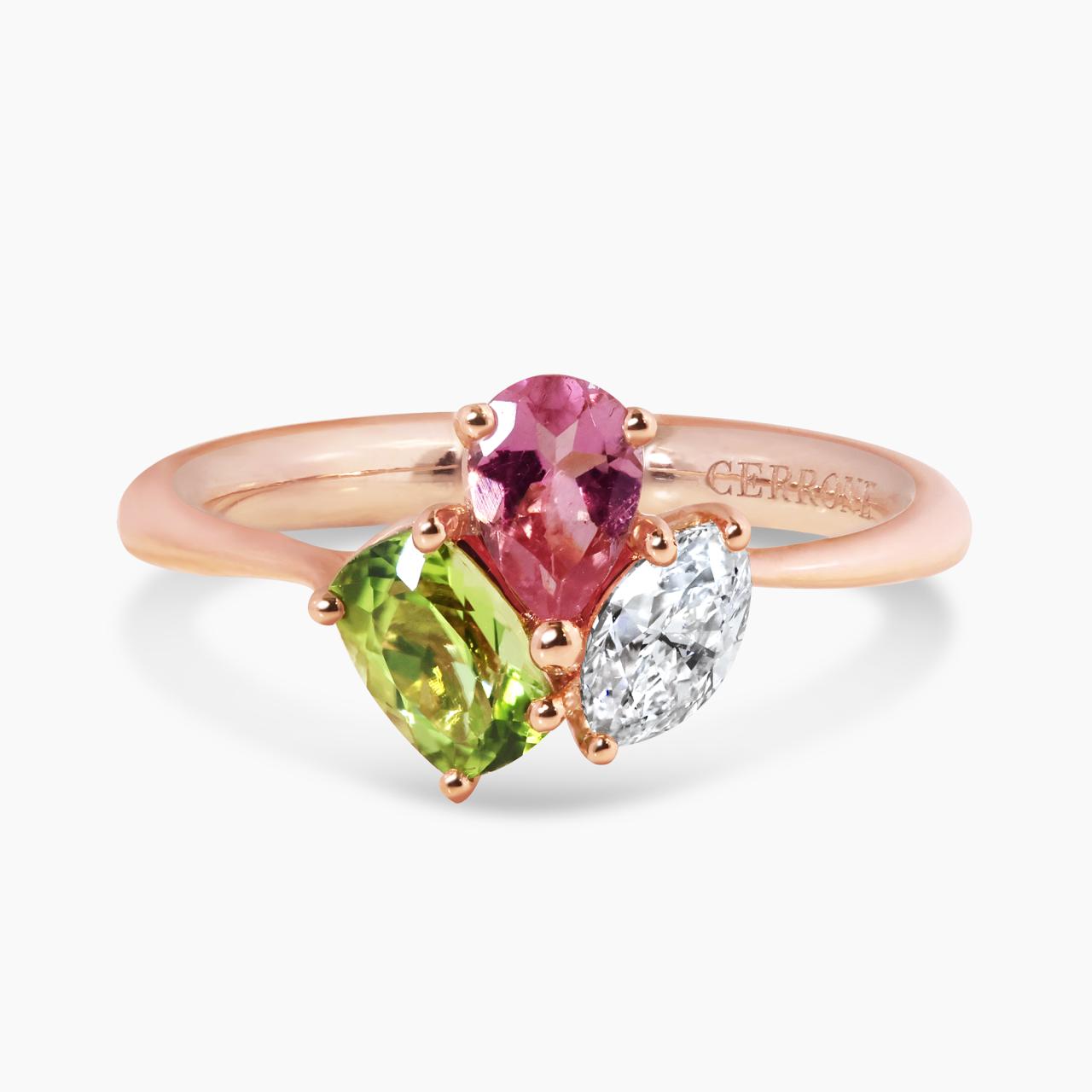 18ct rose gold diamond, peridot and topaz ring