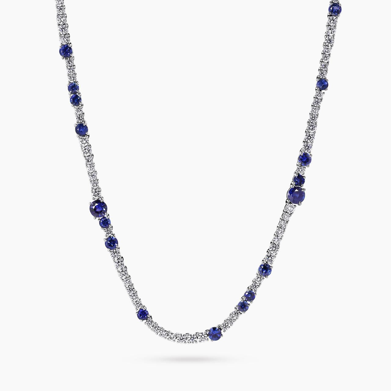18ct white gold round blue sapphire and diamond tennis necklace