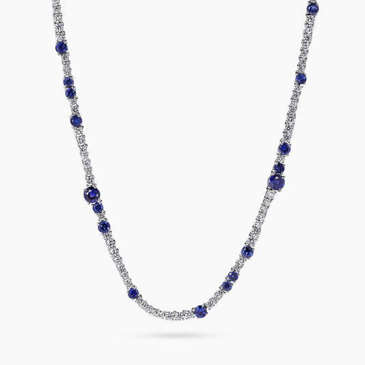 18ct white gold round blue sapphire and diamond tennis necklace