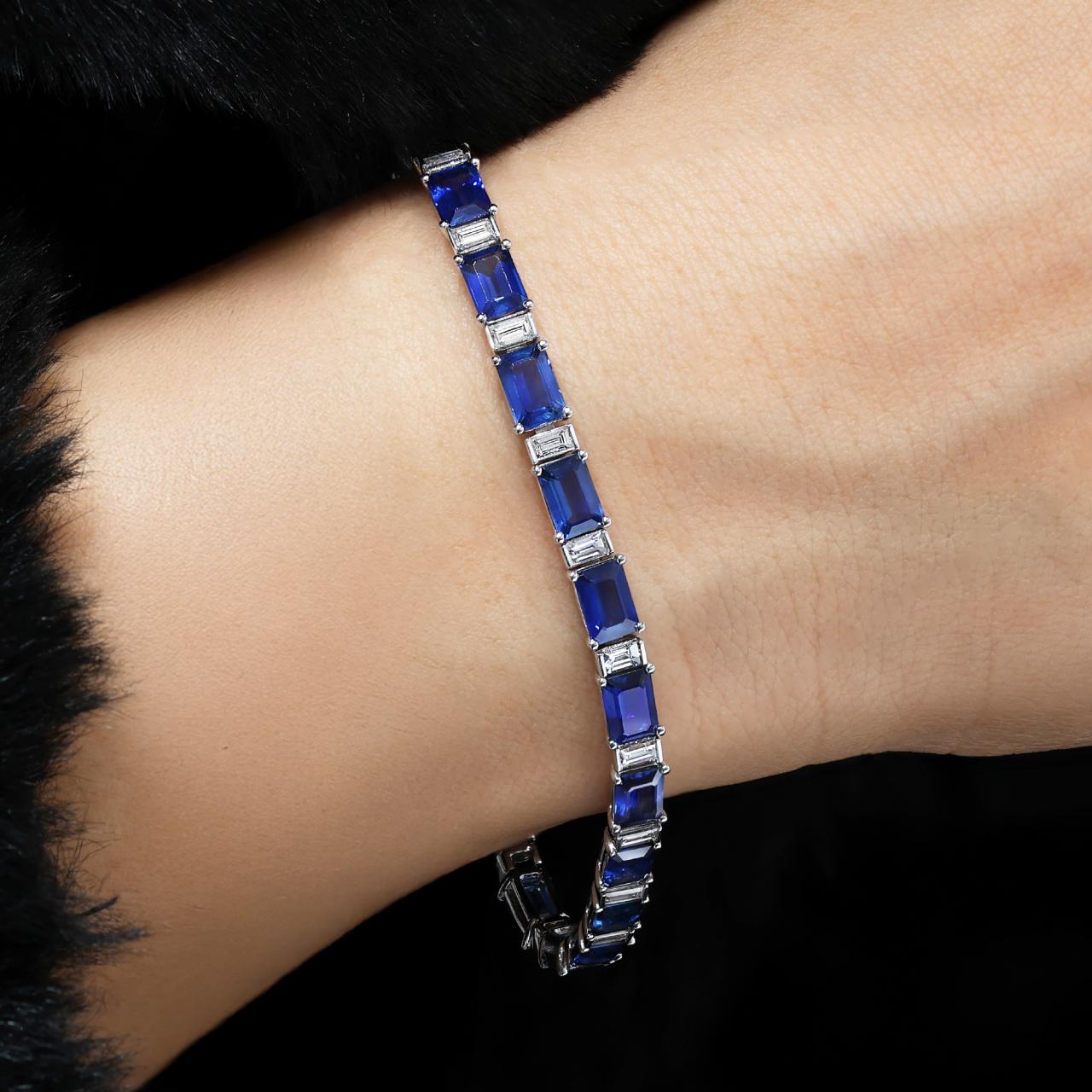 18ct white gold Madagascan emerald cut blue sapphire and emerald cut diamond bracelet