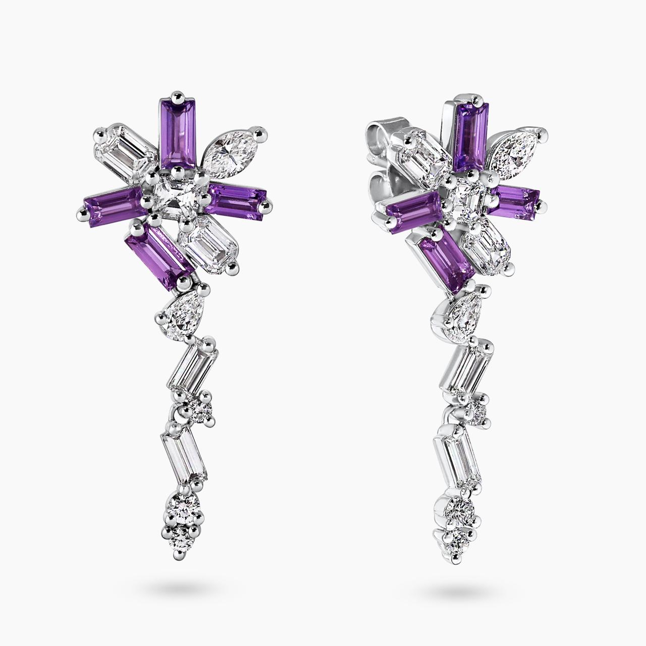 18ct white gold diamond and baguette purple sapphire drop earrings