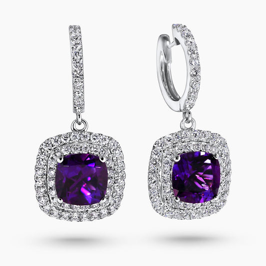 18ct white gold 2=3.86ct cushion cut amethysts and diamonds double halo drop earrings