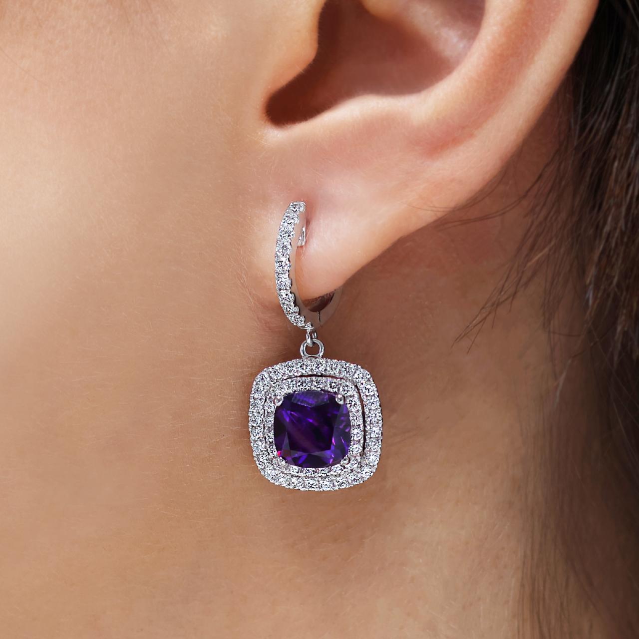 18ct white gold 2=3.86ct cushion cut amethysts and diamonds double halo drop earrings