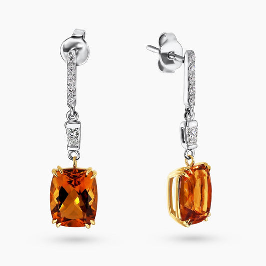 18ct white and yellow gold  2=5.74ct cushion citrine and diamond drop earrings