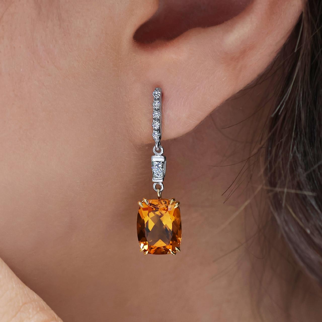 18ct white and yellow gold 2=5.74ct cushion citrine and diamond drop earrings