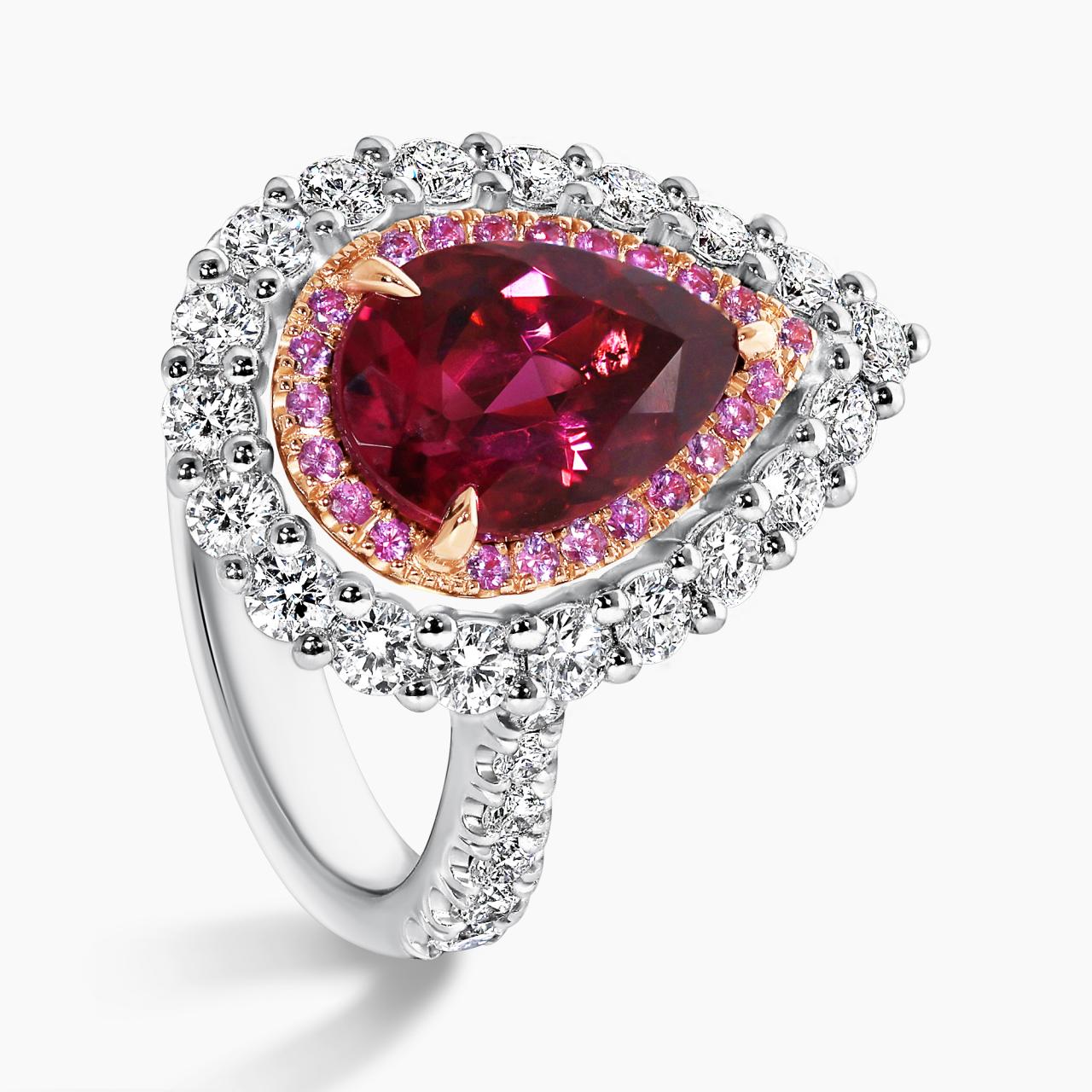 18ct rose gold and platinum 1.90ct pear shaped rubelite, pink sapphires and diamond ring