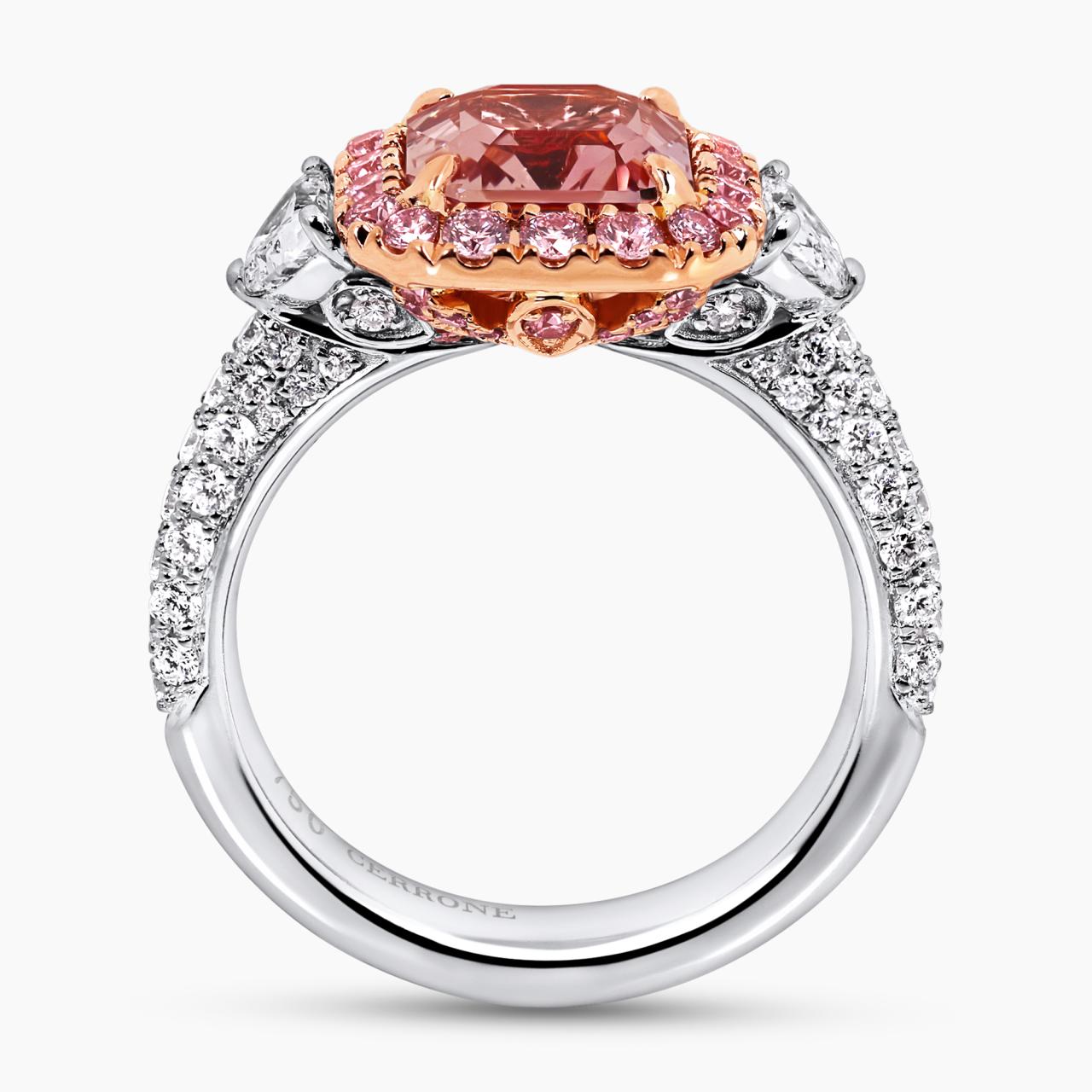 Platinum and 18ct rose gold octagonal step cut unheated Sri Lankan natural orange-pink Padparadscha sapphire and Argyle Pink diamonds ring side profile