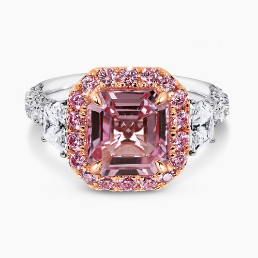 Platinum and 18ct rose gold 3.18ct octagonal step cut natural orangy-pink Madagascar Padparadscha unheated sapphire and Argyle Pink diamond ring