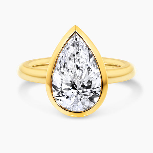 18ct yellow gold 3.01ct F VS1 pear shaped LAB Grown Diamond bezel set solitaire ring