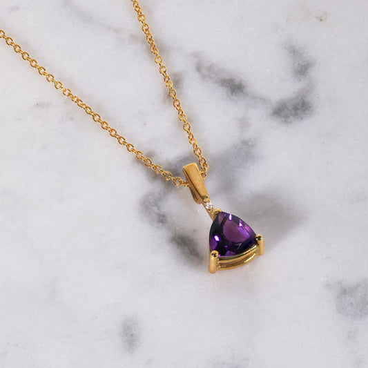 18ct yellow gold triangle amethyst and diamond necklace