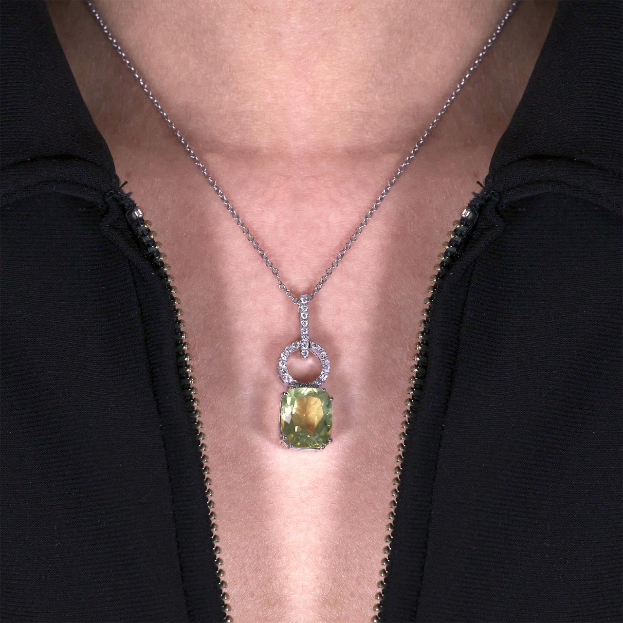 18ct white gold cushion cut lemon quartz and diamond necklace on the neck