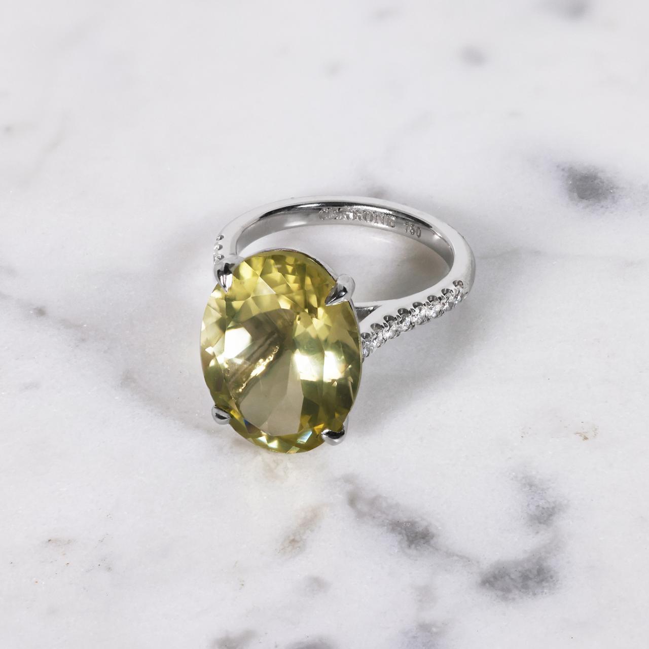18ct white gold 8.10ct oval lemon quartz and diamond ring