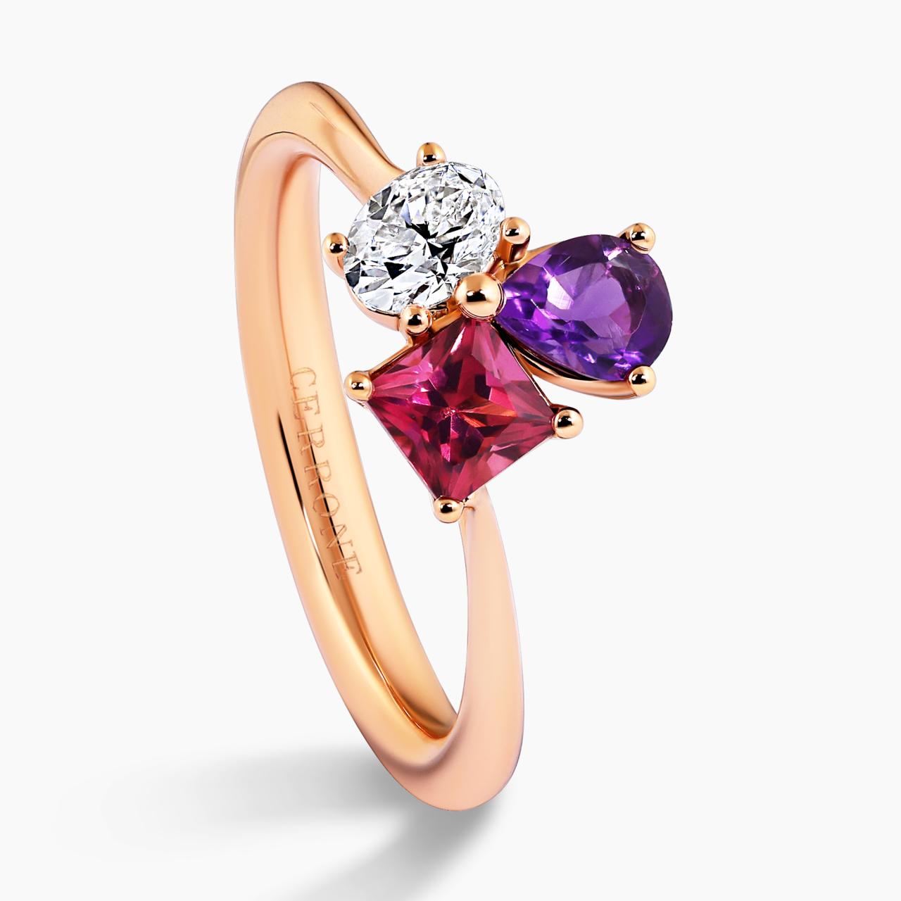 18ct rose gold diamond, tourmaline and amethyst ring