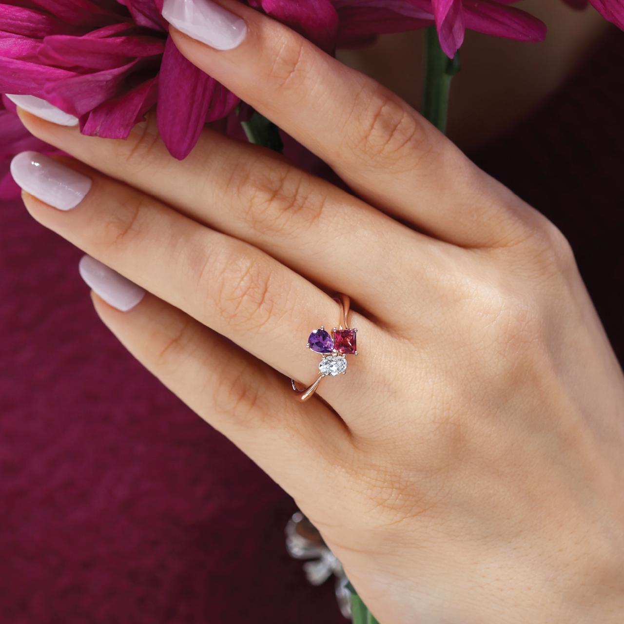 18ct rose gold diamond, tourmaline and amethyst ring