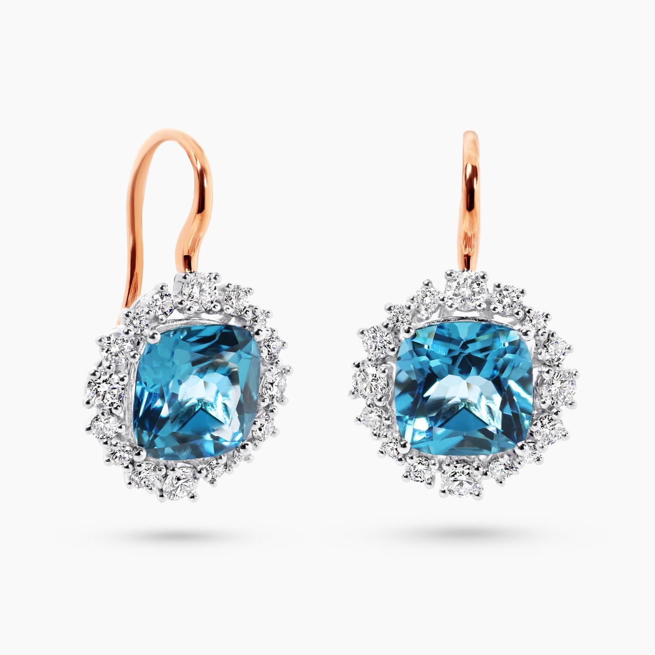 18ct rose and white gold 2=6.80ct cushion cut Swiss blue topaz and diamond shepards hook drop earrings