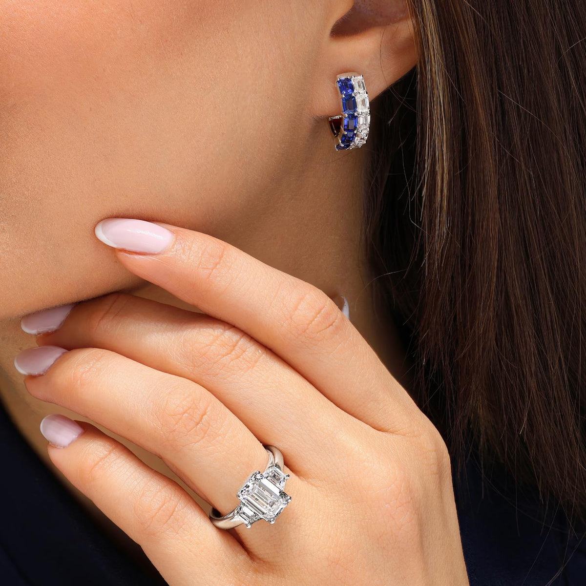 18ct white gold emerald cut blue sapphire and diamond claw set hoop earrings