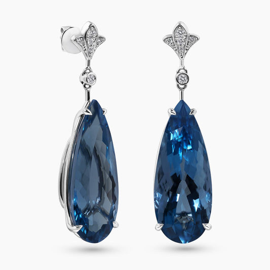 18ct white gold diamond and 2=46.10ct pear shaped London blue topaz drop earrings