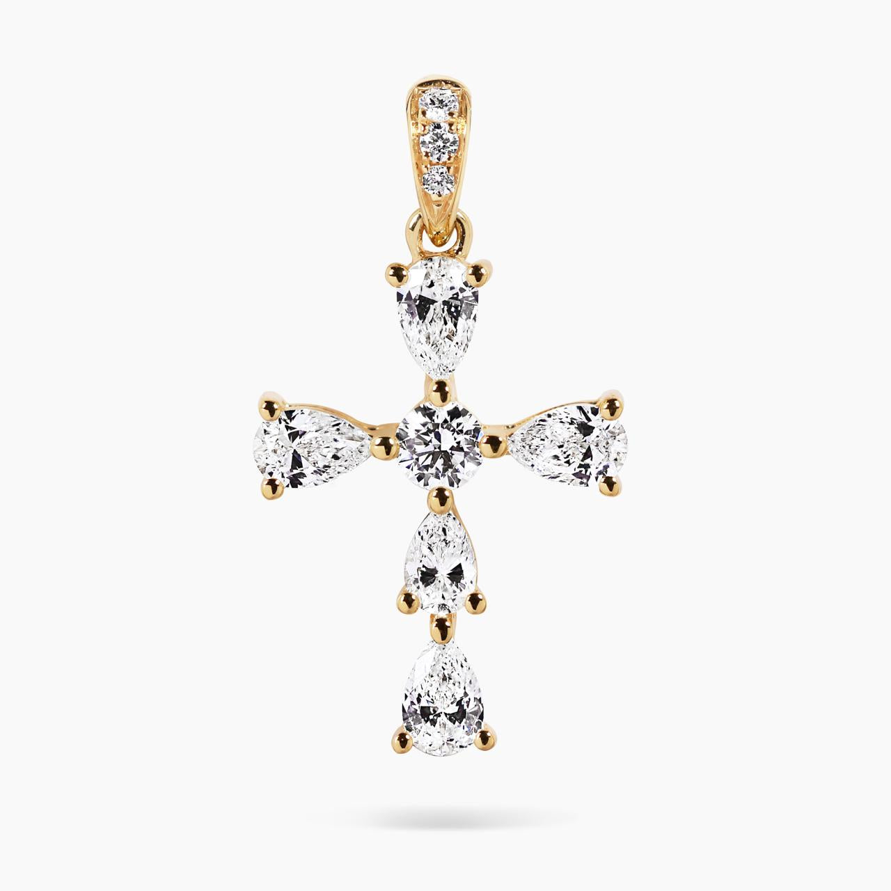 18ct yellow gold 9=0.44ct pear and round brilliant cut diamond cross pendant