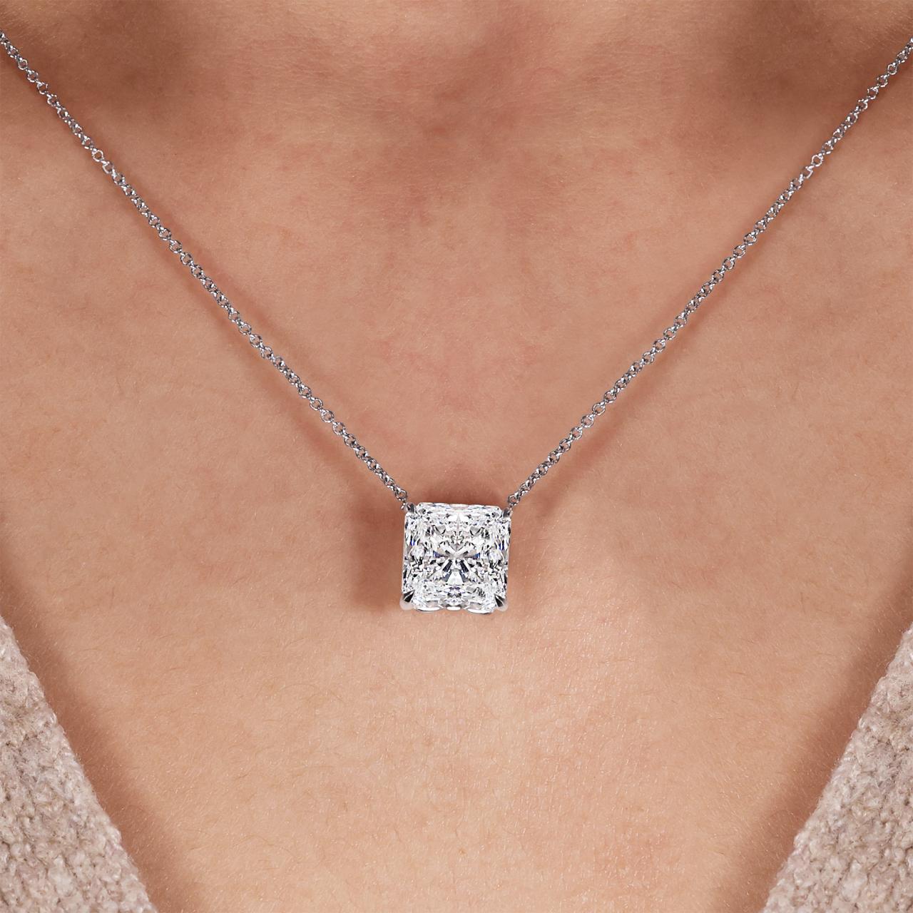 18ct white gold square radiant lab grown diamond necklace in a four claw setting on the neck