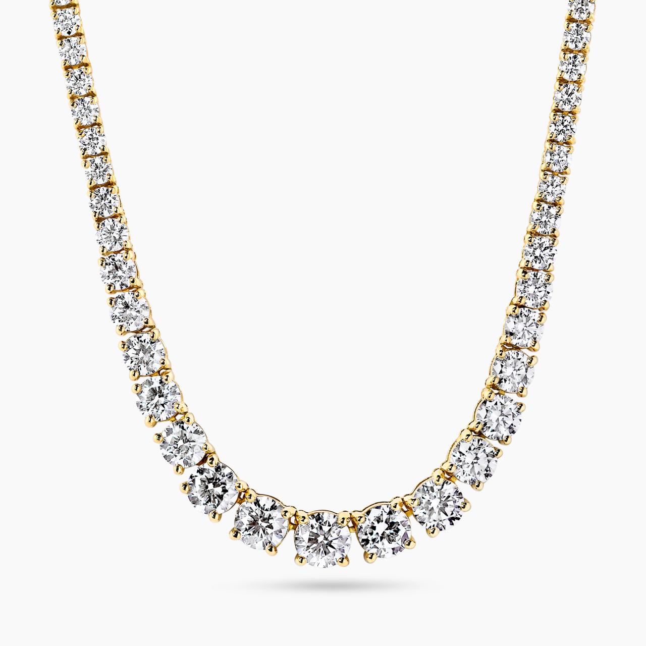 18ct yellow gold 154=9.47ct round brilliant cut diamond tennis necklace in a four claw setting