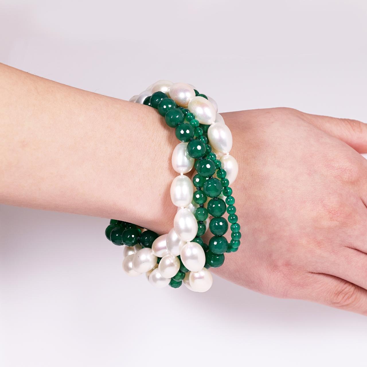 Fresh water pearls and green agate beads bracelet from the Carmela Cerrone Collection on wrist