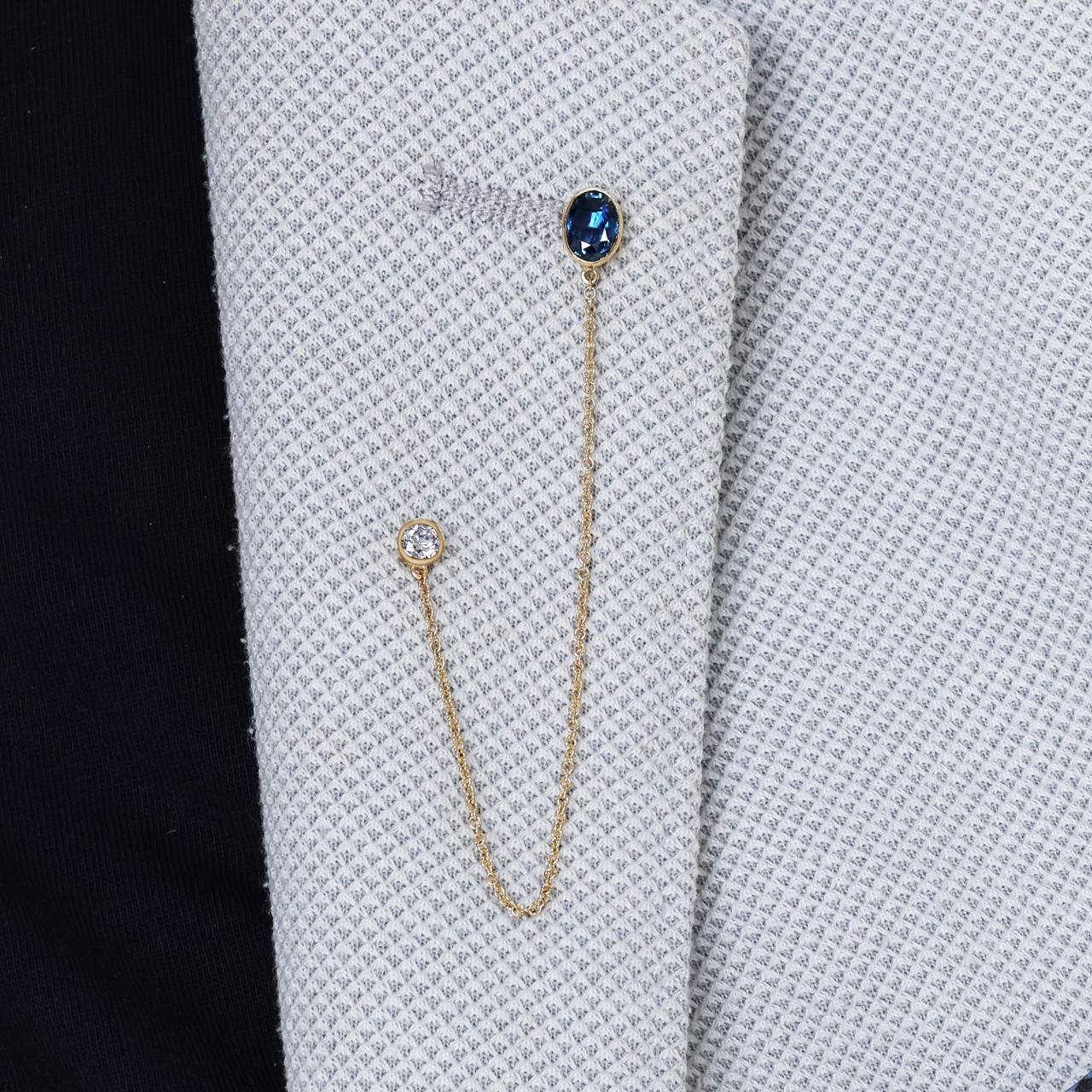 18ct yellow gold oval blue sapphire and round brilliant cut LAB Grown Diamond brooch
