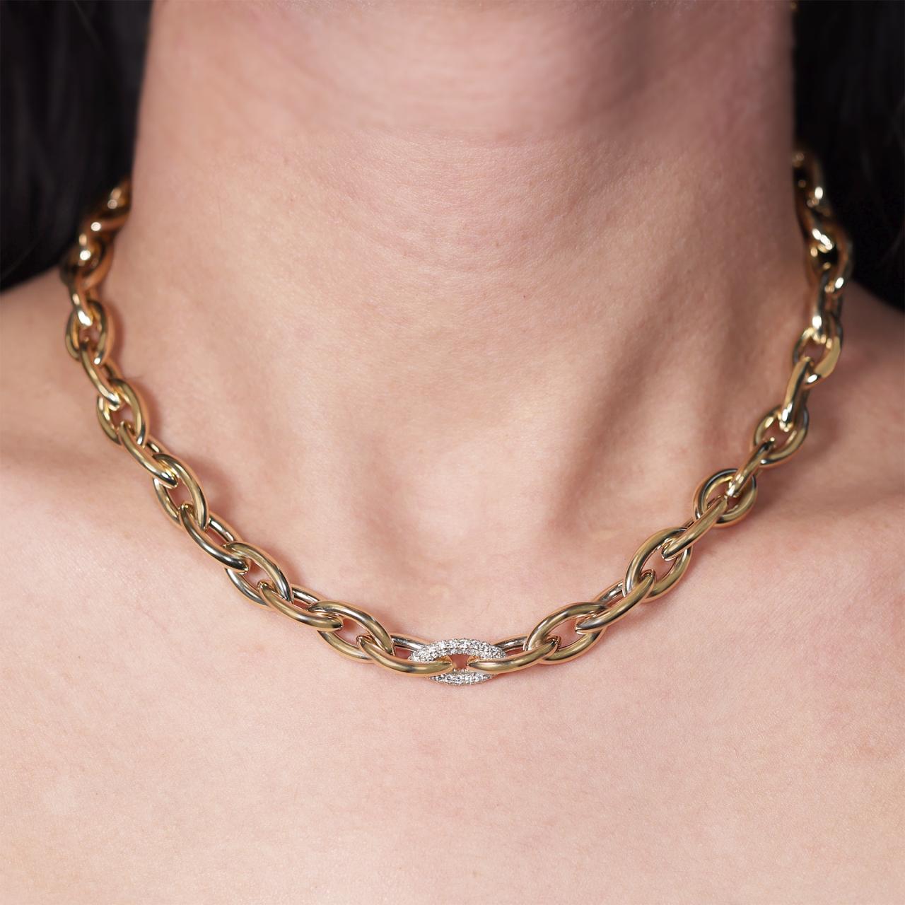 18ct yellow gold diamond set oval link chain necklace on the neck