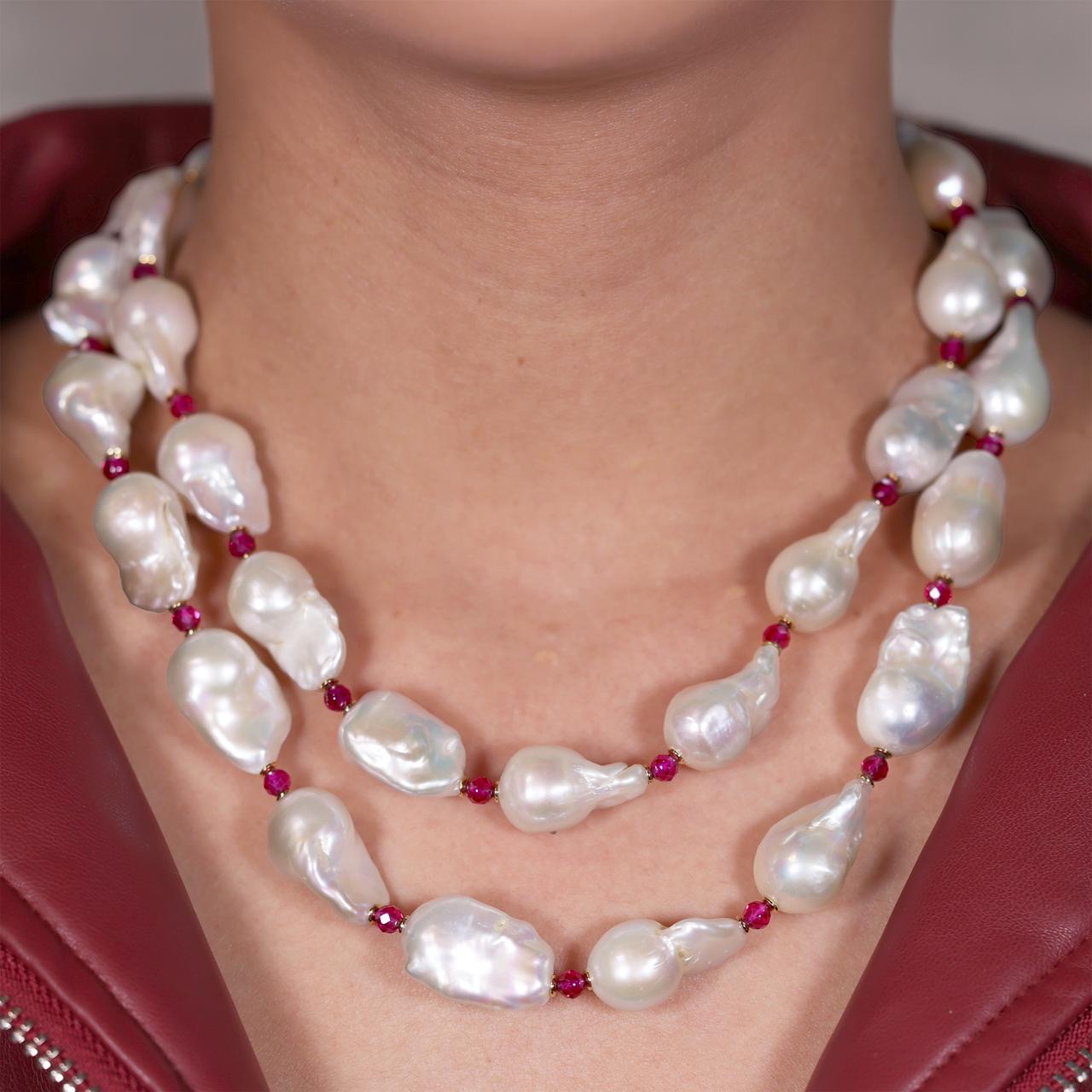 Baroque freshwater pearls and rubellite beads necklace with gold-plated silver fittings on the neck