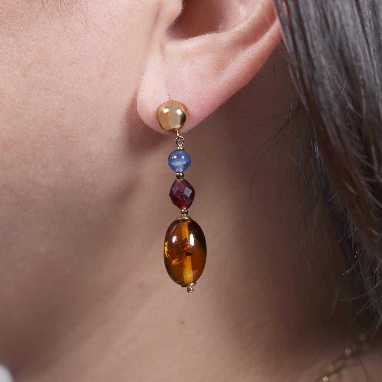 Amber, kyanite and garnet beads drop earrings with gold-plated silver fittings from the Carmela Cerrone Collection