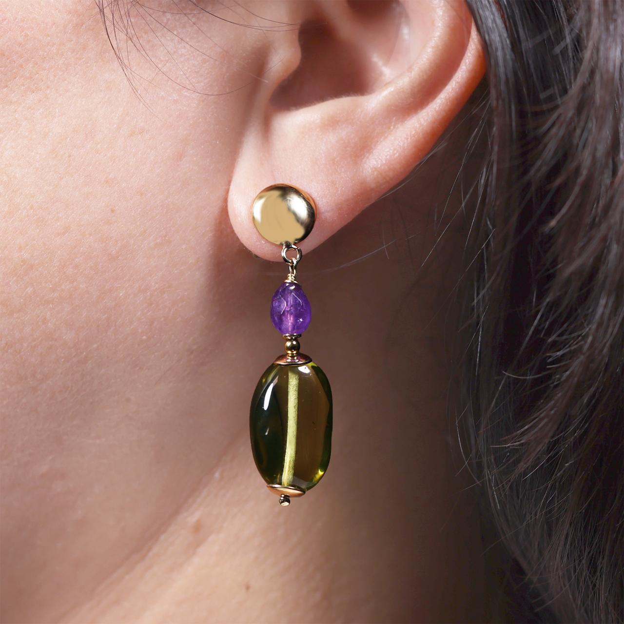 Amethyst and Amber beads drop earrings with gold-plated silver fittings on the ear