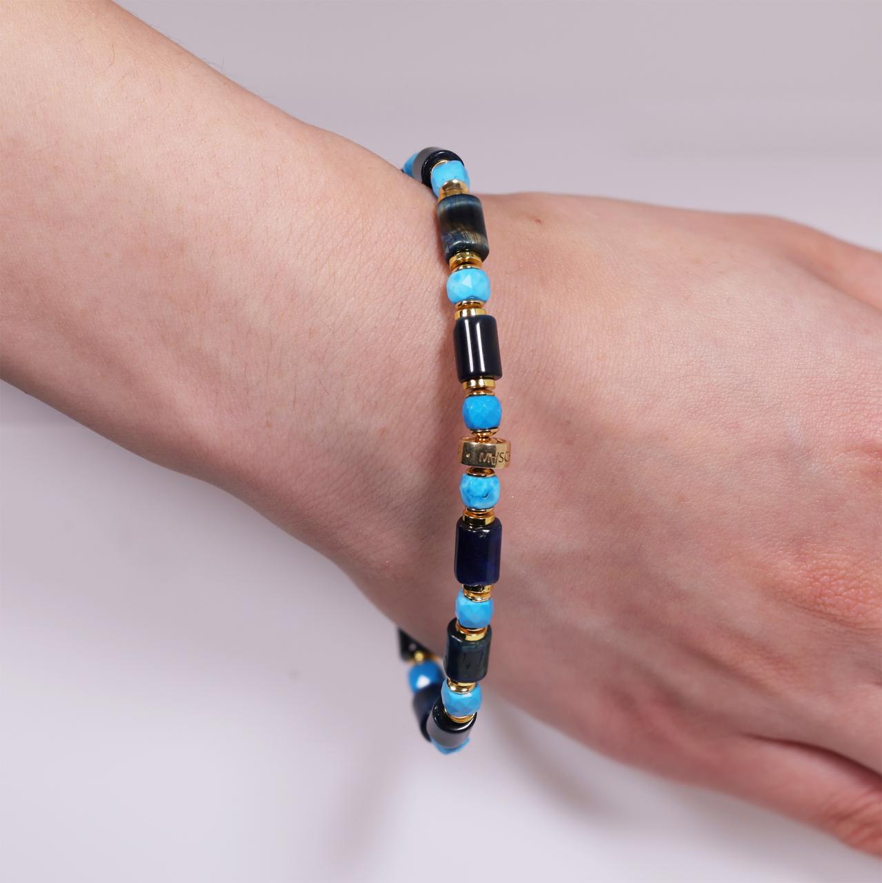 Blue tiger eye and turquoise beads bracelet with gold plated silver fittings from the Carmela Cerrone Collection