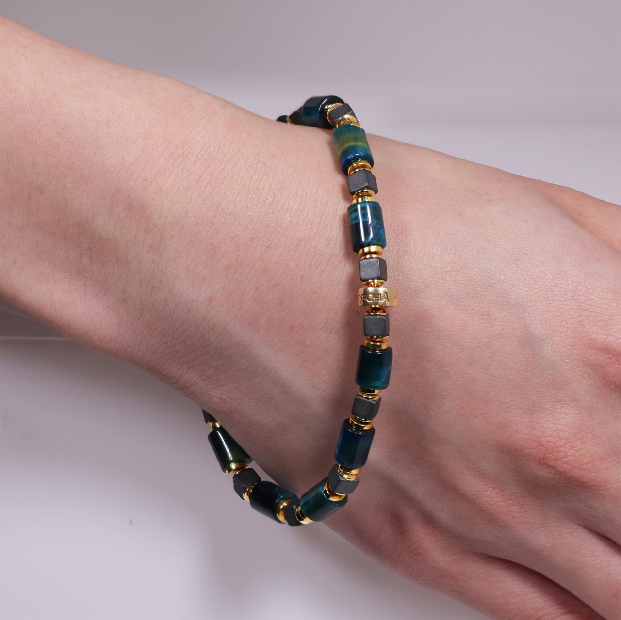 Green tiger eye and hematite beads bracelet with gold plated silver fittings from the Carmela Cerrone Collection