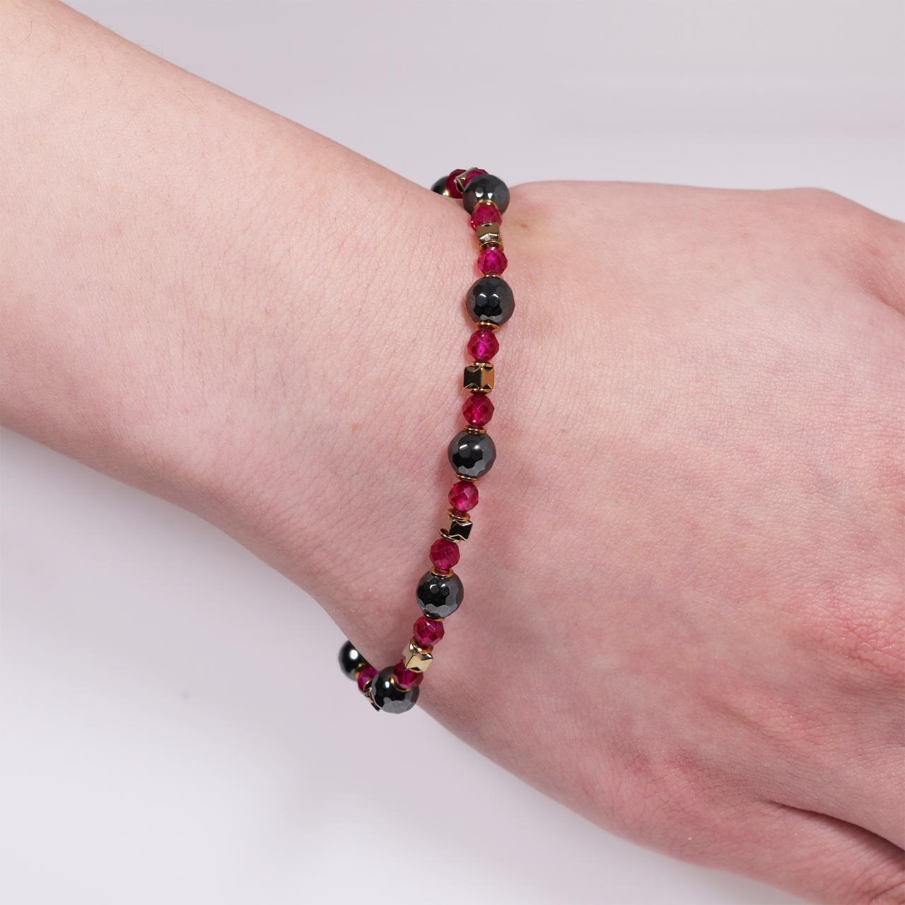 Rubellite and hematite beads bracelet with gold plated silver fittings from the Carmela Cerrone Collection